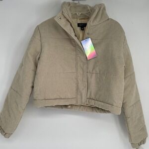 Say What Womens Corduroy Puffer Jacket Beige Cropped Quilted High Neck Size‎ L
